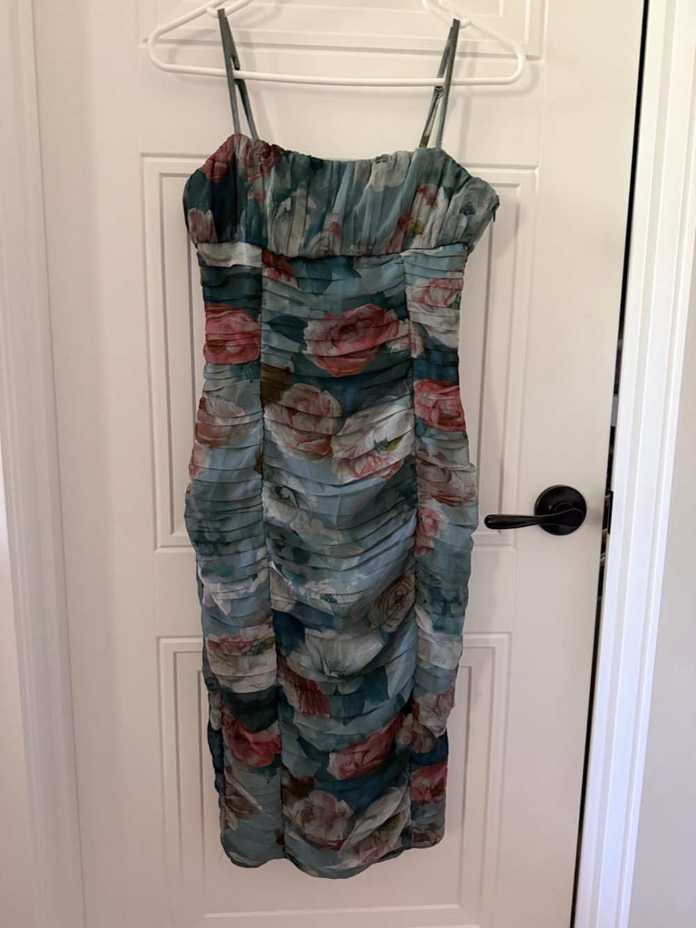Zara Floral Ruched Dress in Green Teal and Rose